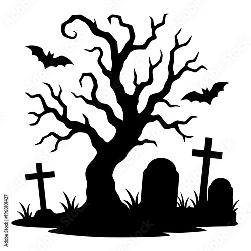A spooky graveyard silhouette with a twisted tree, bats in flight, and eerie gravestones, perfectly haunting for Halloween or gothic themed artwork.