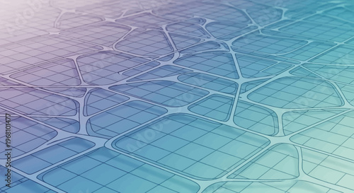 Abstract rendering of a network of interconnected transparent shapes on a gradient surface