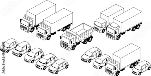 Black and white vector illustrations of trucks and cars in isometric style, fleet composition designs for transportation, logistics, automotive industry, and vehicle concepts