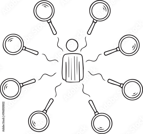 Person being investigated by multiple magnifying glasses Vector
