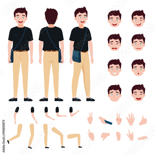 Young Male Character Creation Kit Full Body Front Back View with Multiple Facial Expressions Poses and Gesture Set Flat Vector Illustration Isolated on White Background

Male character vector set

Boy