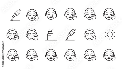 Fifteen line icons representing facial skincare routine and beauty products.