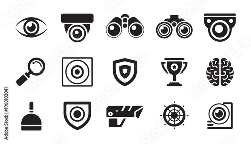 Security and surveillance icons set featuring cameras binoculars magnifying glass and shield symbols.