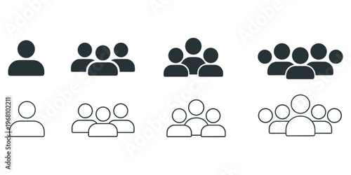 Group of People Icons in Solid Fill and Outline Styles for User Representation Keywords: group, people, icon, user, avatar