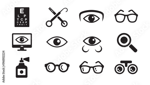 Set of eye care and vision related flat icons isolated on white background stock vector.