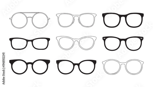 Set of various eyeglasses outline and filled icons collection isolated on white background vector.