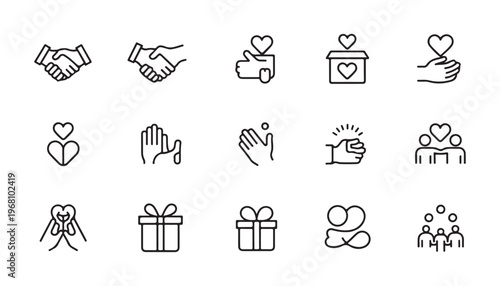 Set of social support, care, and charity icons. handshake, heart, gifts, people, hands.