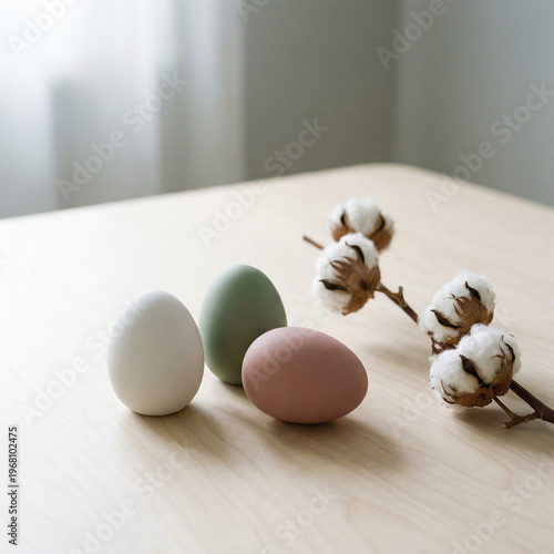 Three minimalist Easter eggs on clean background