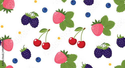 Hand-Drawn Fruit Pattern Illustration Set with Strawberries, Blackberries, Cherries, and Blueberries for Fresh and Healthy Designs