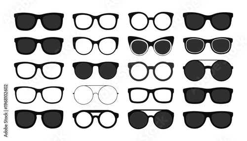 Sunglasses and eyeglasses silhouette collection including aviator cat eye and round fashion frame set.