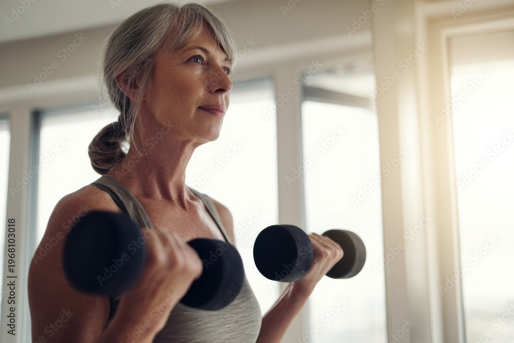 Fototapeta premium Senior woman lifting light dumbbells at home gym, medium shot, bright minimal interior, healthy aging concept, natural window light minimal scene