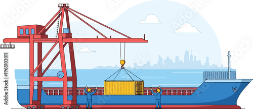 Commercial Port With Crane Lifting Container Onto Large Cargo Ship Ready For Import Or Export
