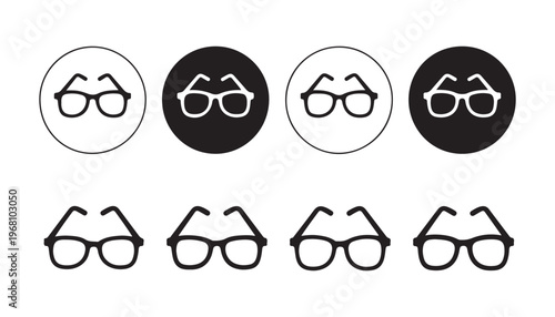 Set of glasses icons in outlined and solid styles on white and black circles vector graphic design.