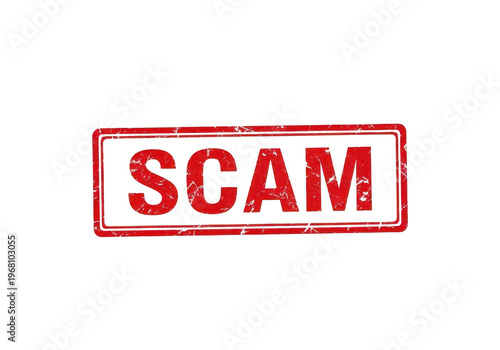 Red stamp with bold scam warning text for fraud alerts and security notices