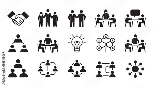 Corporate teamwork and leadership silhouette icons representing business meetings and group networking.