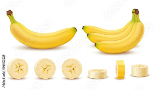 Tableau sur toile Banana Set with Whole Sliced and Bunch Fruits Realistic Vector Illustration
