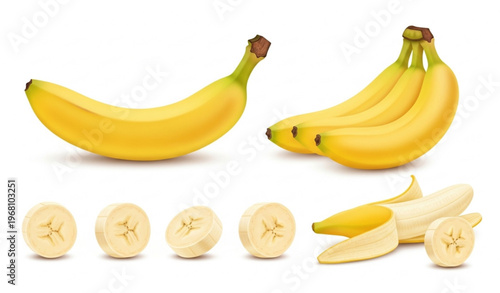 Foto Banana Set with Whole Sliced and Bunch Fruits Realistic Vector Illustration