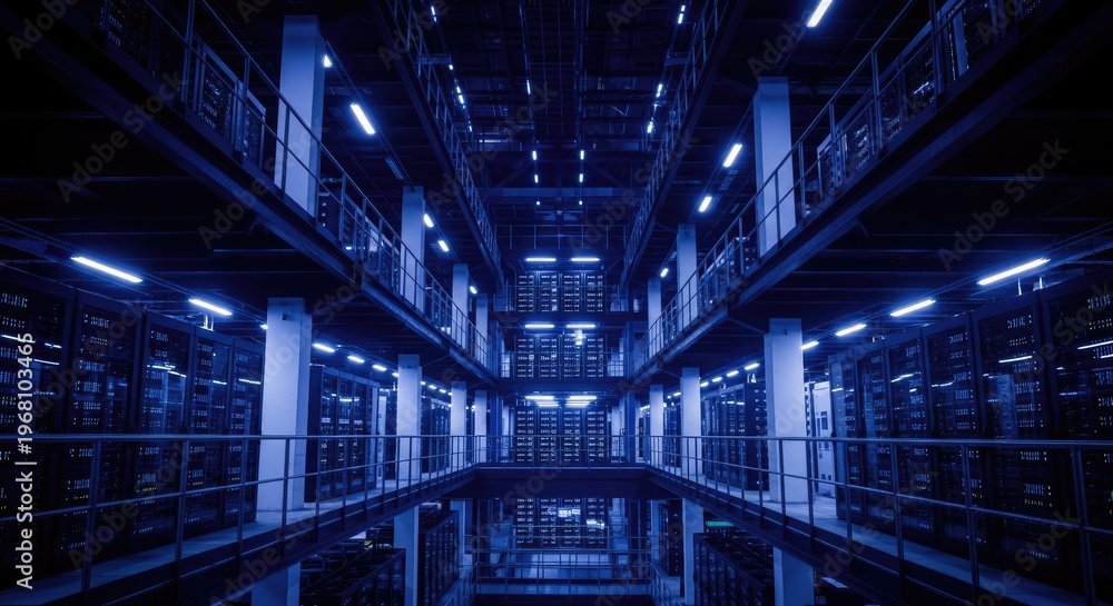 Naklejka premium Cinematic Cloud Computing Facility with Rainy Metropolitan View
