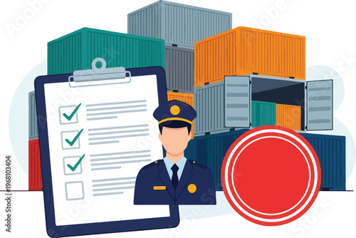 Customs officer inspects shipping containers and cargo manifest for export and import logistics