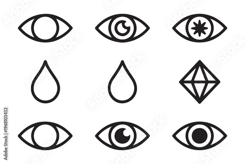 Eyes and teardrop line icon set with diamond shape geometric symbols and vision anatomy illustration.