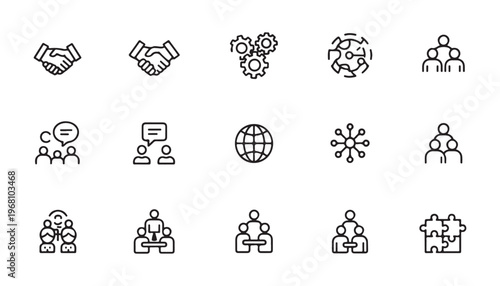 People and business icon set, collaboration, teamwork, meeting and success, partnership line icons.