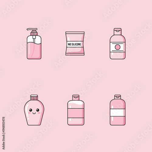 Set of pink cosmetic bottles and shampoo packaging including pump dispenser and silicone free hair care products