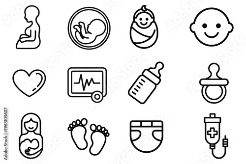 Pregnancy and Baby Icons Set with Fetus Heartbeat and Newborn vector illustration