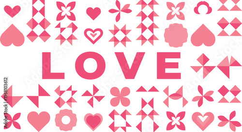 Hand-Drawn Love Illustration Set with Hearts, Flowers, Geometric Shapes, and Pink "Love" Text for Valentine's Day and Romantic Designs