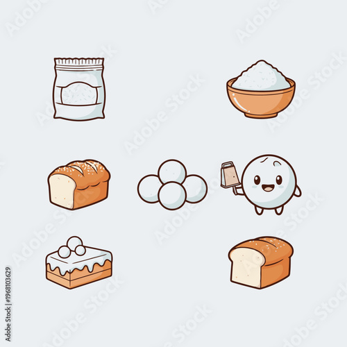 Baking ingredients and products including flour bag bowl bread loaf glutinous rice balls and cute dough character