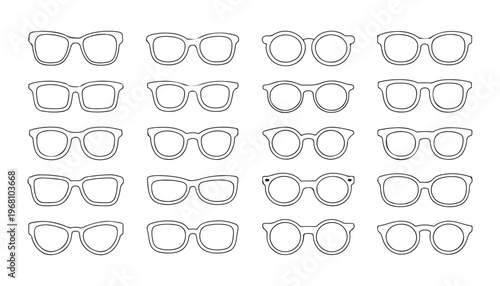 Eyewear frames collection featuring various styles of trendy fashion glasses and minimalist outlines.