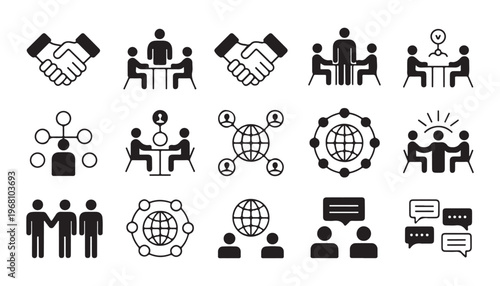 Business meeting icons set cooperation and discussion symbols collaboration partnership agreement handshake teamwork.