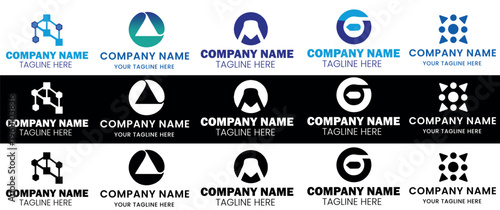 Modern corporate logo collection, set of 5 abstract business branding icons, professional blue and black vector symbols for technology and finance startups