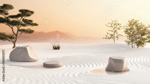 Serene Zen Garden at Sunrise with Sand Patterns, Rocks, and Minimalist Trees for Calmness and Meditation Setting