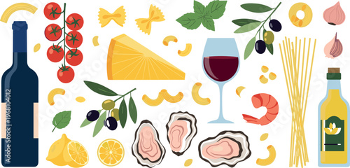 Hand-Drawn Italian Cuisine Illustration Set with Pasta, Cheese, Wine, Shrimp, Olives, and Fresh Ingredients for Culinary and Food Designs