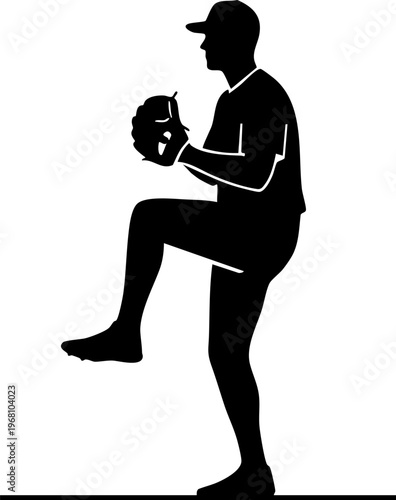 Baseball pitcher silhouette ready to throw ball in glove during game athletic player action stance isolated.