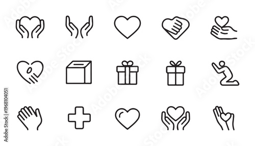 Humanitarian aid and love line icons showing hearts gift boxes medical cross and prayer hand symbols.