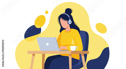 Woman wearing headphones using laptop computer.