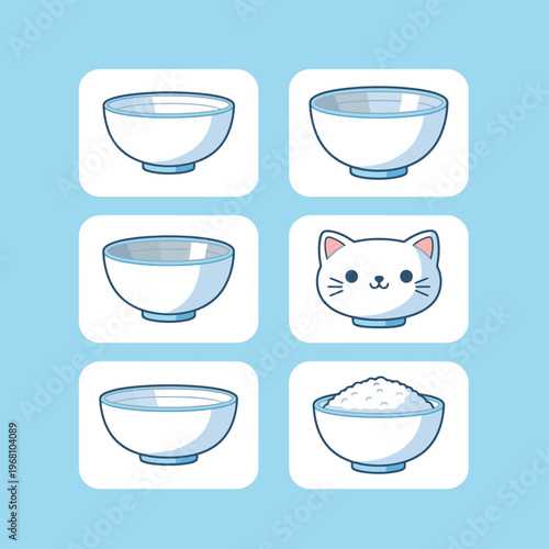 Collection of white plastic bottles and containers for chemicals or household cleaners with cute mascot