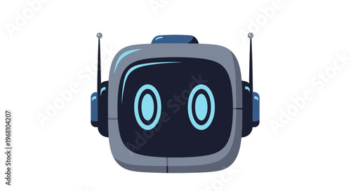 Cartoon robot face with antenna and a futuristic expression isolated on white background
