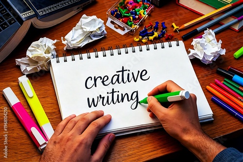 Creative writing concept with hands holding a green marker and notebook on a desk with colorful stationery and crumpled paper