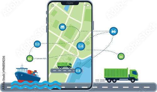 Global logistics and supply chain management illustrated by truck, ship, and navigation app