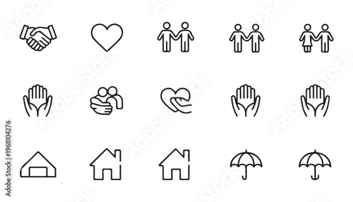 Set of diverse social support and care icons. handshake, heart, hands, home, umbrella protection.