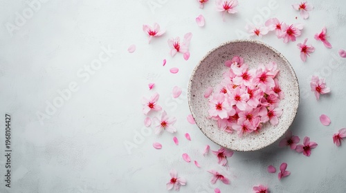 Delicate Cherry Blossom Petals in a Decorative Bowl on a Soft Background, Perfect for Spring or Nature-Themed Projects and Design Inspirations