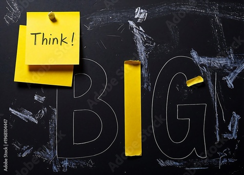 Inspirational chalkboard with 'Think!' on sticky note and 'BIG' outline