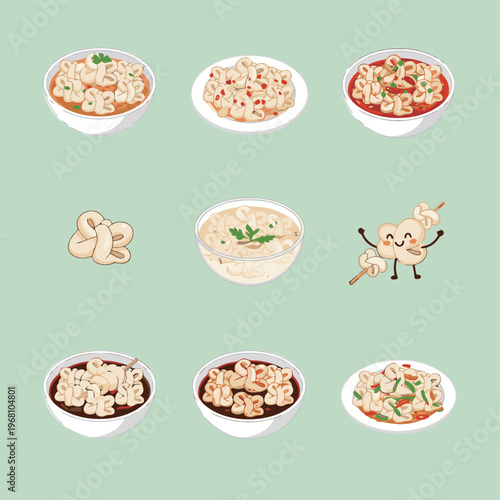 Various packaging designs for frozen noodles and dumplings with transparent windows and cute noodle mascot