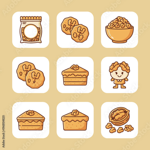 Set of fresh organic walnut kernels and nuts in bowl with cute walnut mascot character holding a spoon