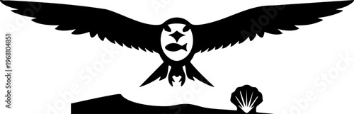Bird of prey with outstretched wings, carrying fish in its mouth, flying over land with a shell, dark silhouette.