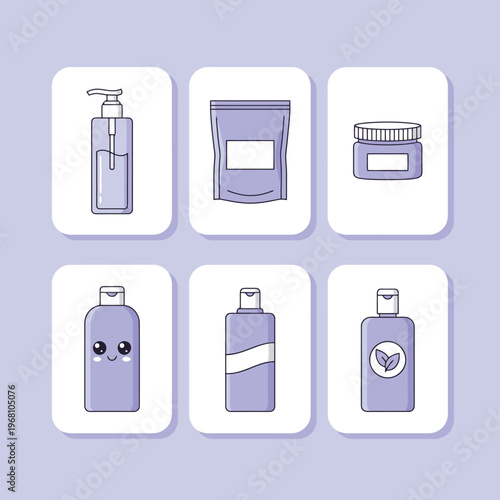 Collection of white plastic detergent bottles for household cleaning and laundry with cute blue mascot icon