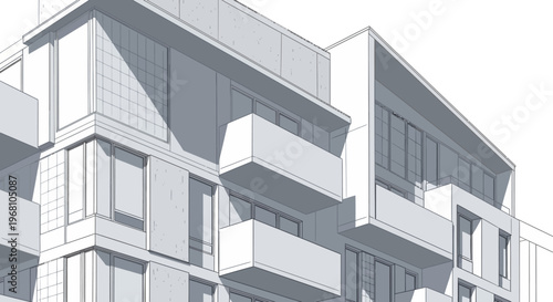 Architectural sketch of modern apartment building with balconies and geometric shapes in grayscale