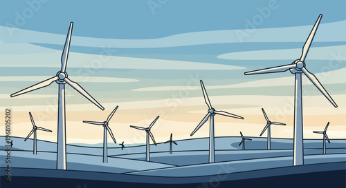 Cartoon-style illustration of a wind farm harvesting renewable energy across a rural landscape